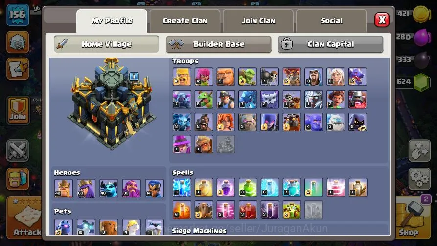 Clash of Clans Accounts High-End TH 17-BH 10|LV 156|Titan 27|Limited Skin|HH 11|BK 46,AQ 63,GW 33,MP 40,RC 14|CN OFF|Protect 4