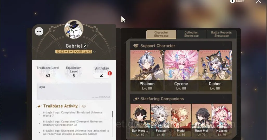 ASIA|TL 63|11 Limited|Phainon+Sign, Cyrene,Mydei,Chiper,Hyacine,Feixiao,RM,Etc|MC Female|Amphoreus|TakeMail|Check SS(HSR4736) Honkai Star Rail Mid Game ASIA|TL 63|11 Limited|Phainon+Sign, Cyrene,Mydei,C image 1