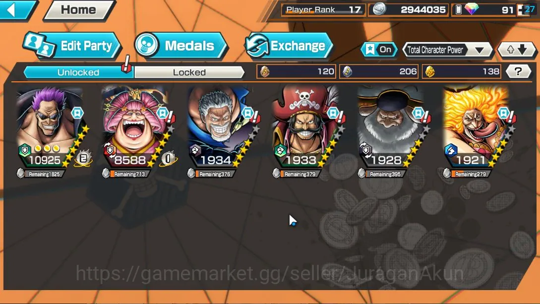 One Piece Bounty Rush Accounts Mid-Tier Global| 6META EX|Film Zephyr,Olin Oiran,Hero D garp,Pirates D Roger,St.Saturn 3