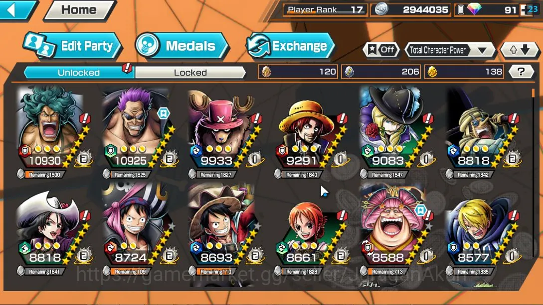 One Piece Bounty Rush Accounts Mid-Tier Global| 6META EX|Film Zephyr,Olin Oiran,Hero D garp,Pirates D Roger,St.Saturn 5