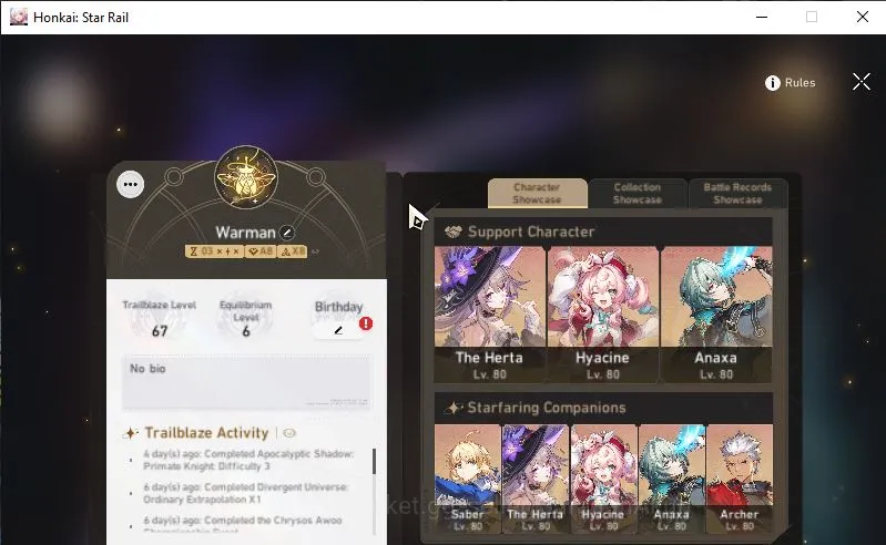 Honkai Star Rail Mid Game ASIA|TL 67|7 Limited|4K SJ|[The Herta+Sign,Anaxa+S image 1
