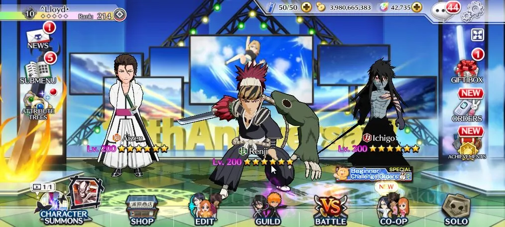 Bleach: Brave Souls Accounts High-End GLOBAL 42K Orb|4 MT(Renji TYBW25, Ichigo 9th, Aizen Fiercer, Yukio)+11 Char 3