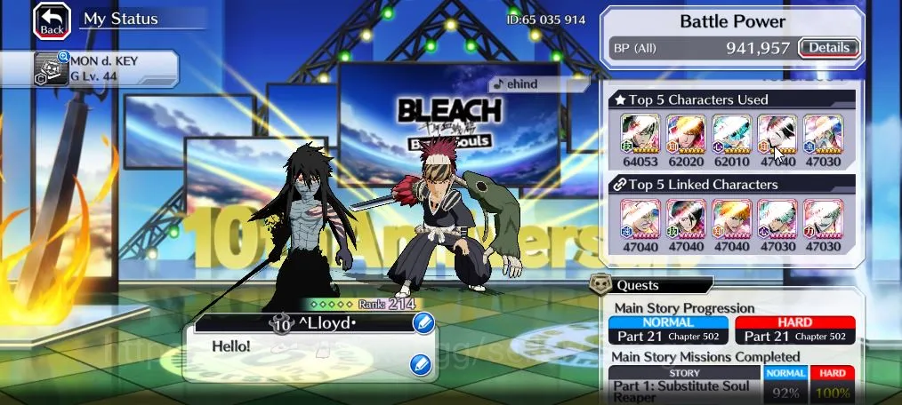 Bleach: Brave Souls Accounts High-End GLOBAL 42K Orb|4 MT(Renji TYBW25, Ichigo 9th, Aizen Fiercer, Yukio)+11 Char 7