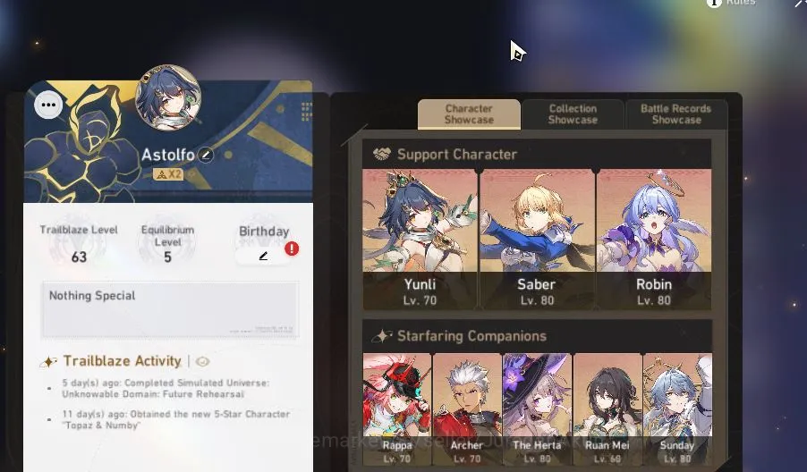 Honkai Star Rail Accounts Mid Game ASIA|TL 63|11 Limit|[The Herta E1,Saber+Sign,Yunli+Sign 4
