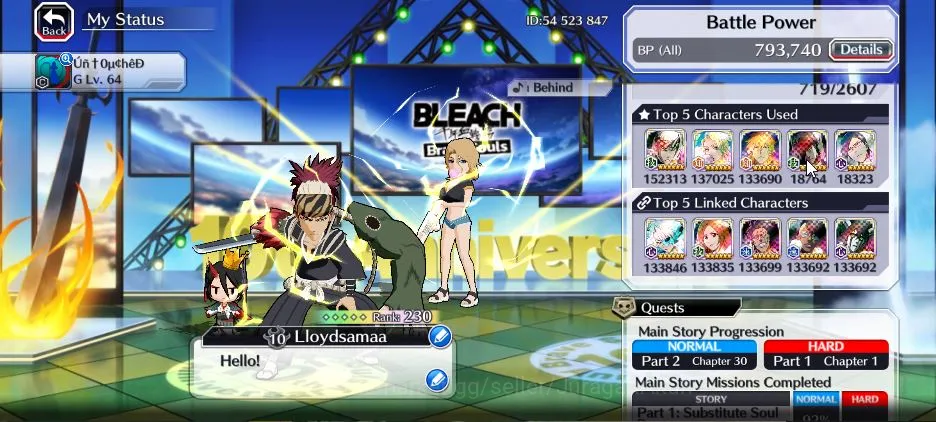 Bleach: Brave Souls Accounts High-End [GLOBAL]|3 MT(Rangiku 10th Ark,Uryu+Renji TYBW25),Nelliel 10th Ark,Ichigo+Rukia 10th 4