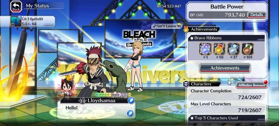 Bleach: Brave Souls Accounts High-End [GLOBAL]|3 MT(Rangiku 10th Ark,Uryu+Renji TYBW25),Nelliel 10th Ark,Ichigo+Rukia 10th 5