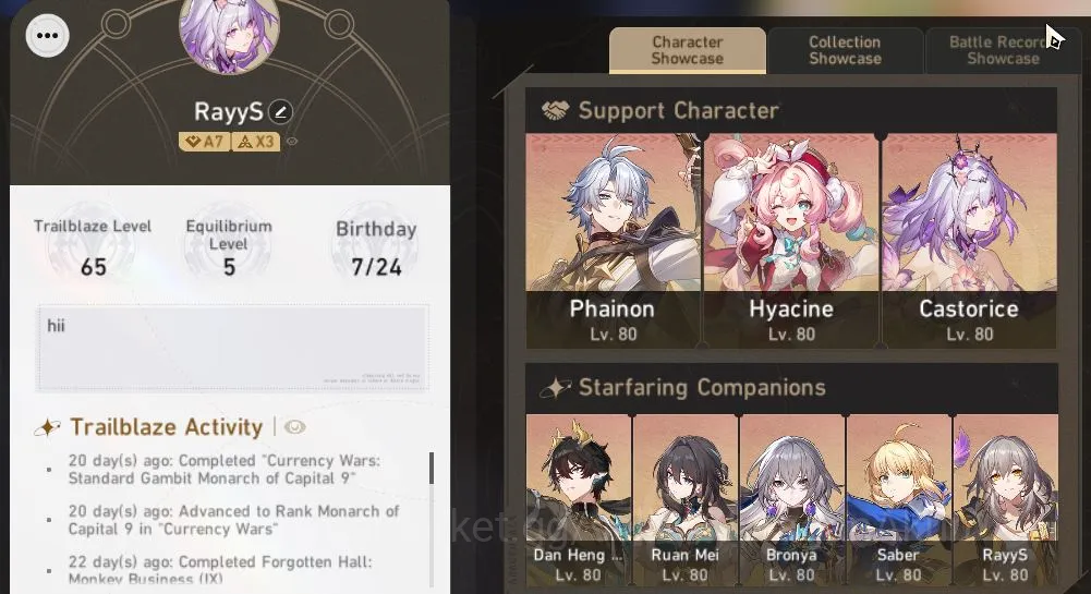 Honkai Star Rail Accounts Mid Game ASIA|TL 65|7 Limited|Castorice+Sign,Phainon,Hyacine,Saber,Ruan Mei,Etc|MC Female|1K 5