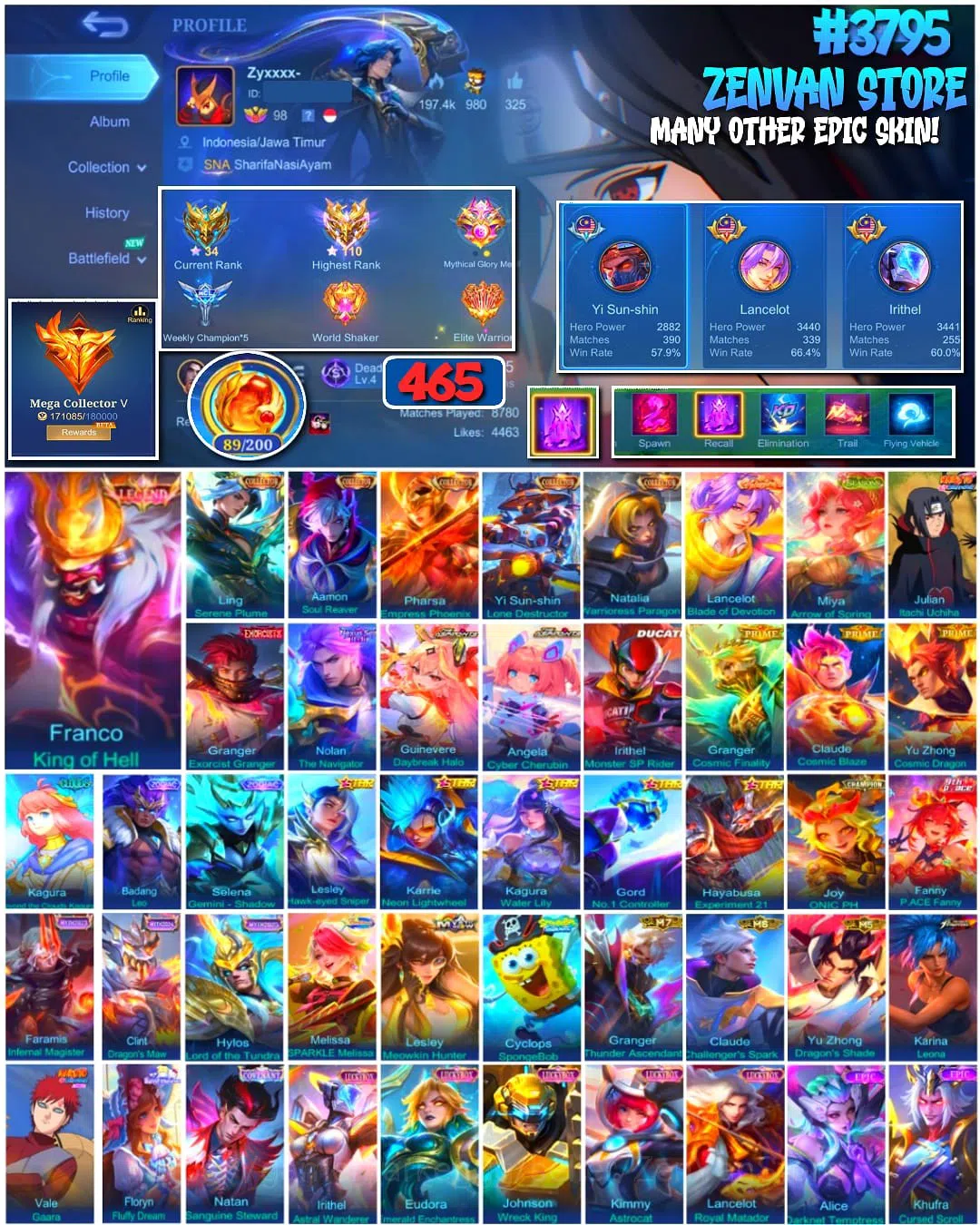 Mobile Legends: Bang Bang Accounts #3795 465 Skins | Legend Franco | Collectors Ling, image 1