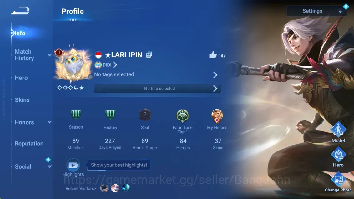 Honor of Kings Accounts Rare Skin Global|84H 37S|KIC:Luna|Legend:Zilong&Yao|5 Epic Skin|Worldly:Yang Jian|EventExclusive:Hou 1