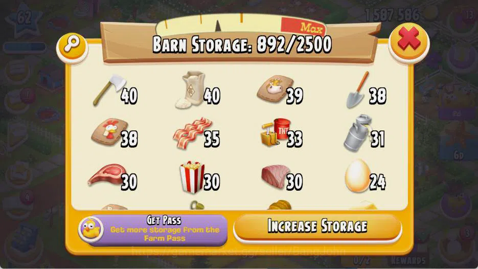 Hay Day Accounts Lvl 62|Silo Storage 943/2400|Barn Storage 892/2500|1,5M Coins|34 Diamonds|PROTECT OFF|Log Supercel |RA098B 7
