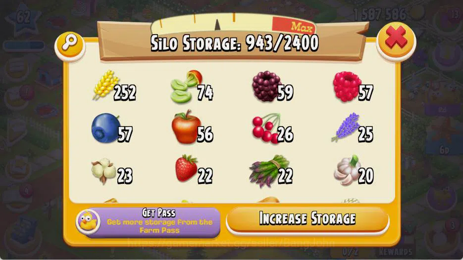 Hay Day Accounts Lvl 62|Silo Storage 943/2400|Barn Storage 892/2500|1,5M Coins|34 Diamonds|PROTECT OFF|Log Supercel |RA098B 8