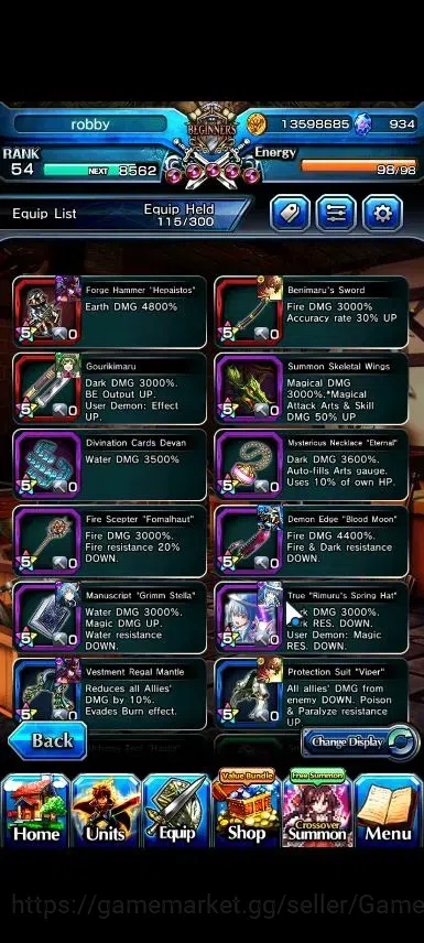 Grand Summoners Accounts End-Game Global|Rank 54|934 Cc|5 Ascend+3 TW|ShunaTW,DL RimuruTW,RR RimuruTW,2x AH Pola|Lpot 6