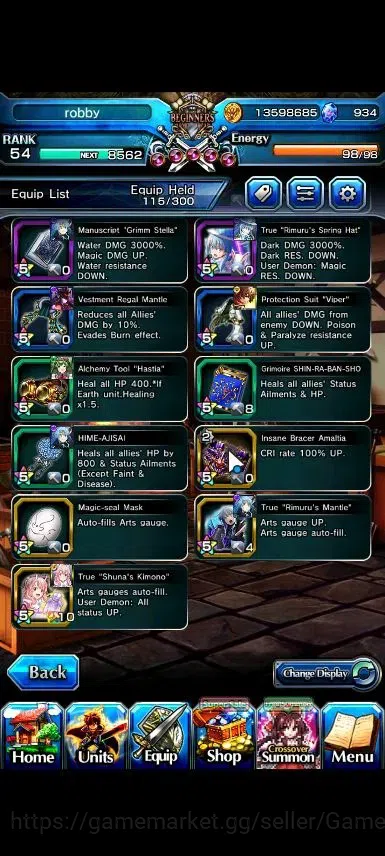 Grand Summoners Accounts End-Game Global|Rank 54|934 Cc|5 Ascend+3 TW|ShunaTW,DL RimuruTW,RR RimuruTW,2x AH Pola|Lpot 7