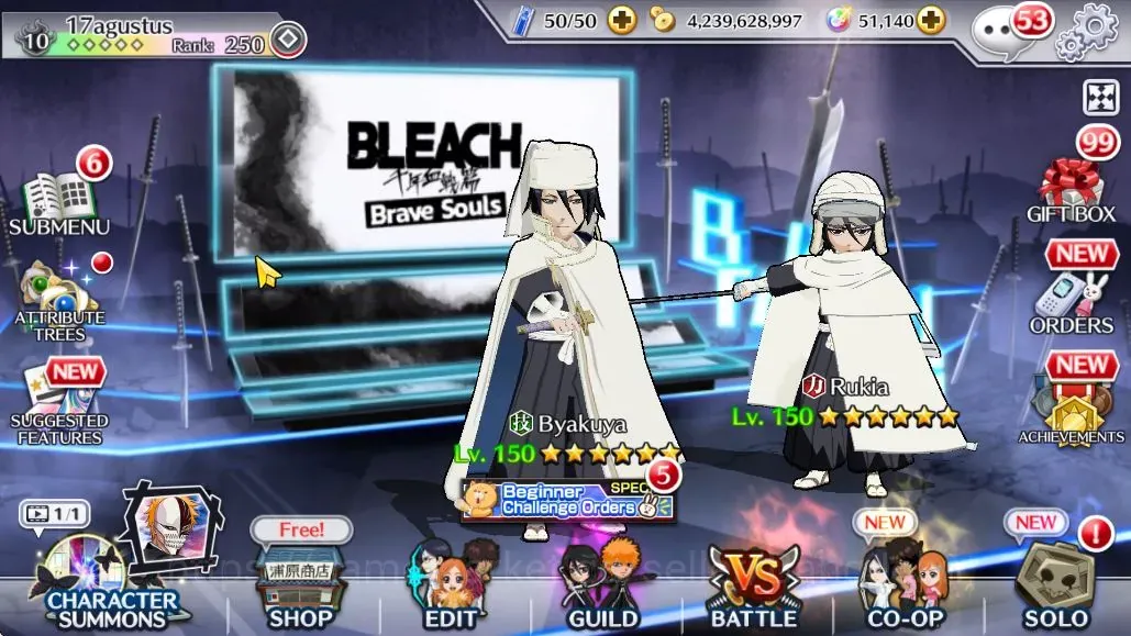 Bleach: Brave Souls Accounts High-End Global|1M BP+51K Orb|End Story|9K PS+9K BSAcc,9K PremAcc Ticket|Byakuya,Rukia 1