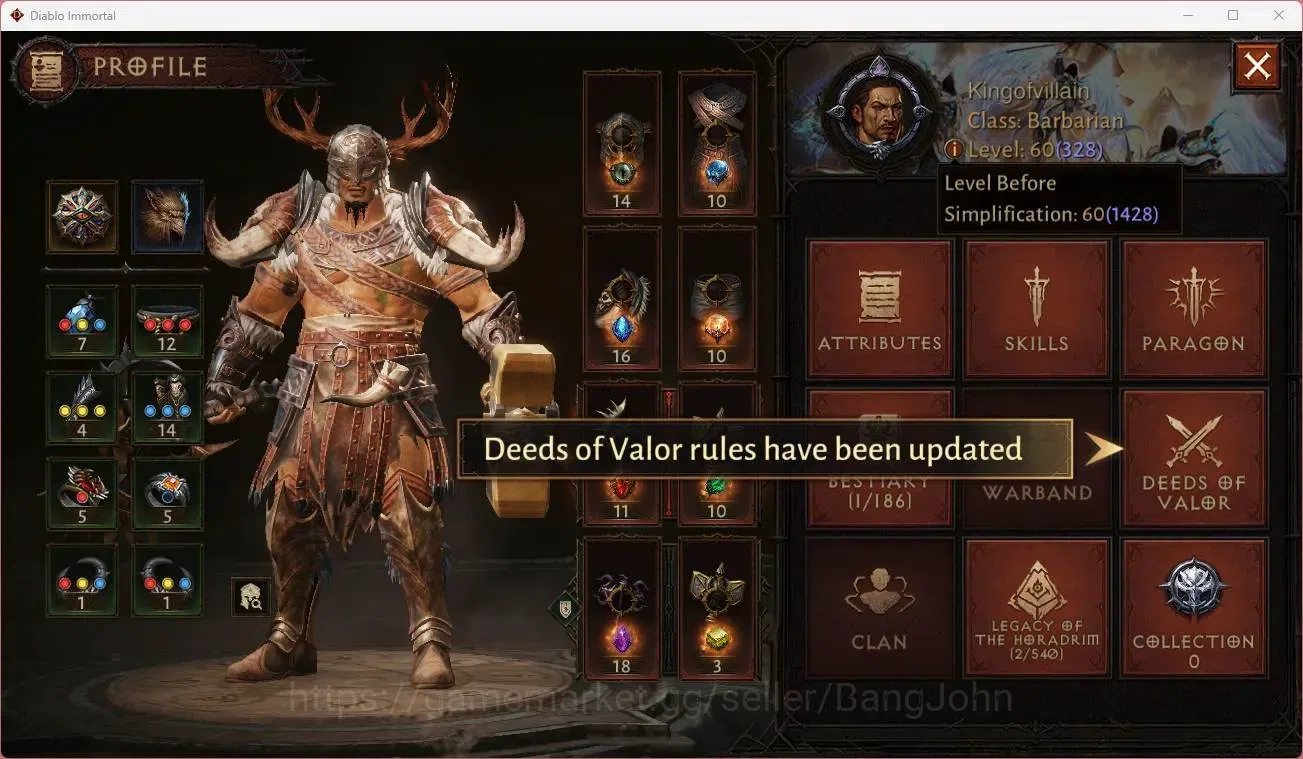 Diablo Immortal Accounts Mid-Tier NA - Chain of honor | 60 (328) Barbarian-Maledictor | CR 27k | Reso 360 | Hell 3 | Varog 1
