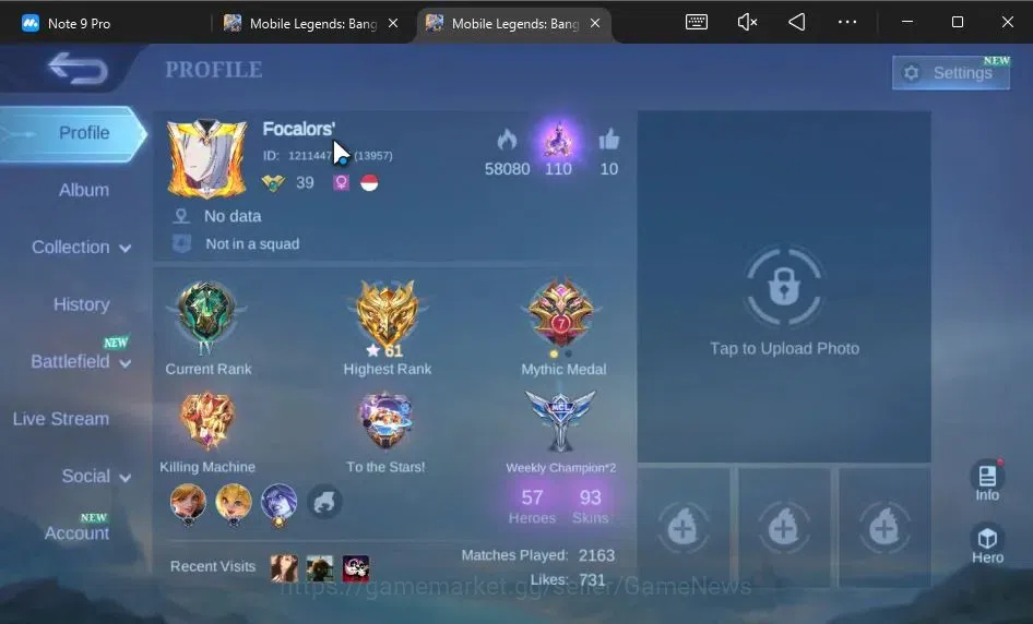 Mobile Legends: Bang Bang Accounts Collector Hero 57|Skin 93|Higest Glory 61|Thamuz General Kai,Karina KoF|Alucard 1