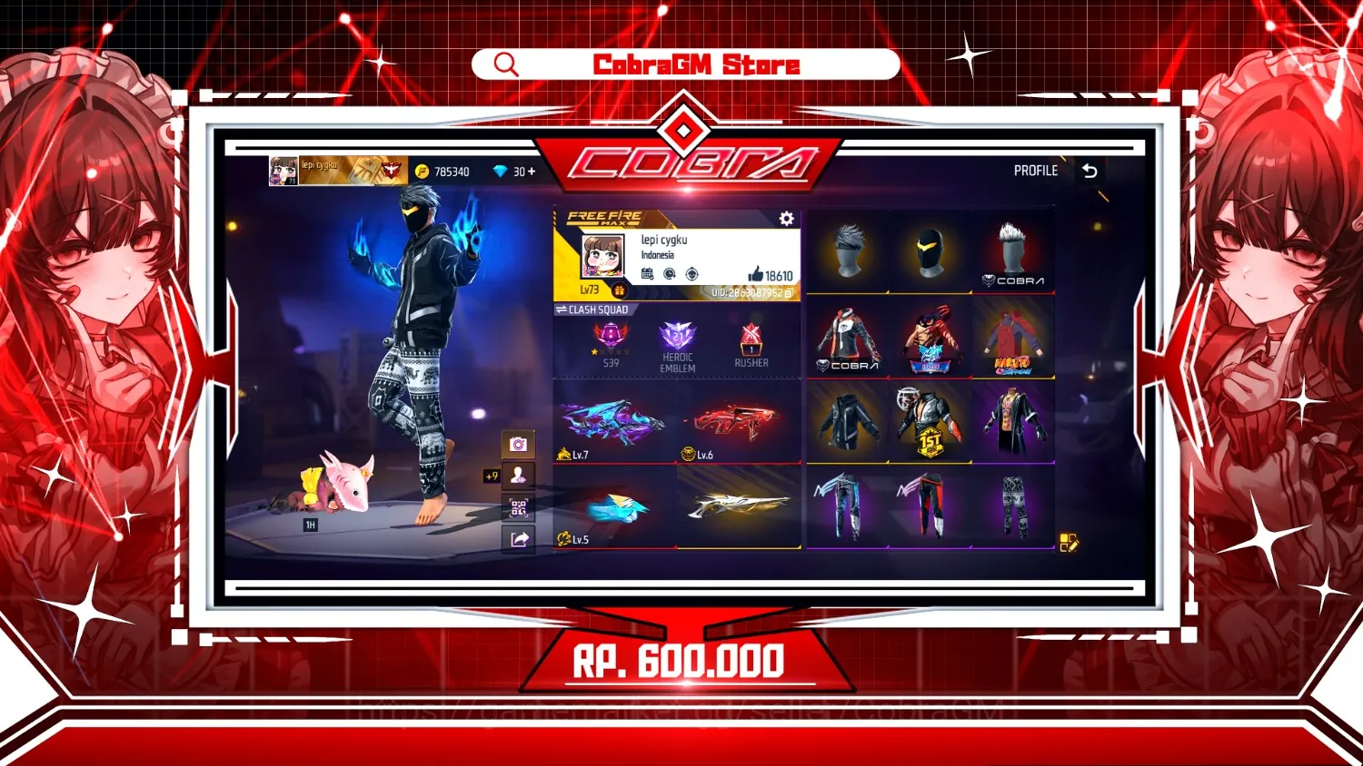Free Fire Accounts Akun Free Fire Vault 490 | Evo 8 Max 2 | Midnight | Cobra | Scarlet Warrior | Madara | K.O. | McLaren 1