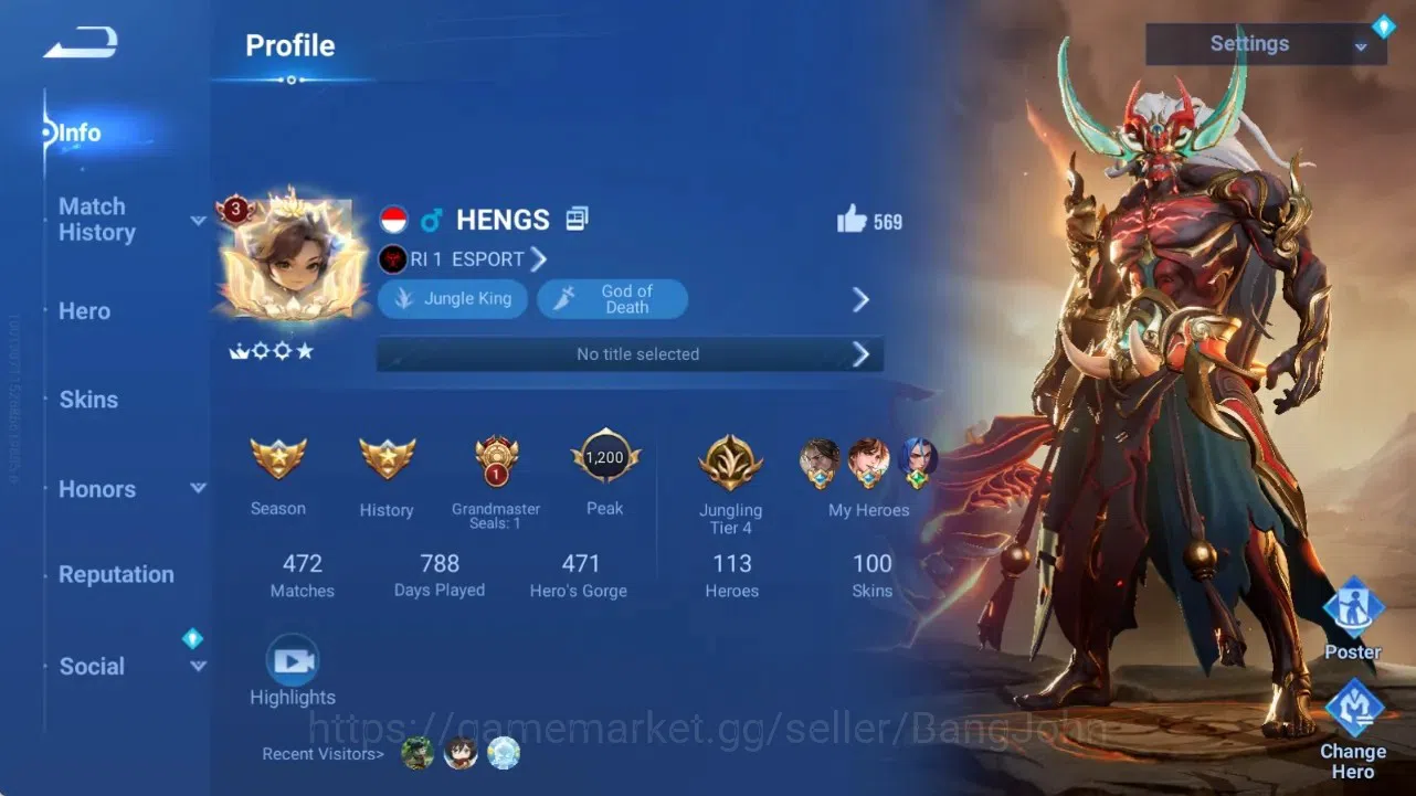 Honor of Kings Accounts Rare Skin Global|113H 100S|3 Legend:Allain,Dian Wei,Li Xin|LNY24:Da Qiao|GrandMaster Gan&Mo|Check SS 1