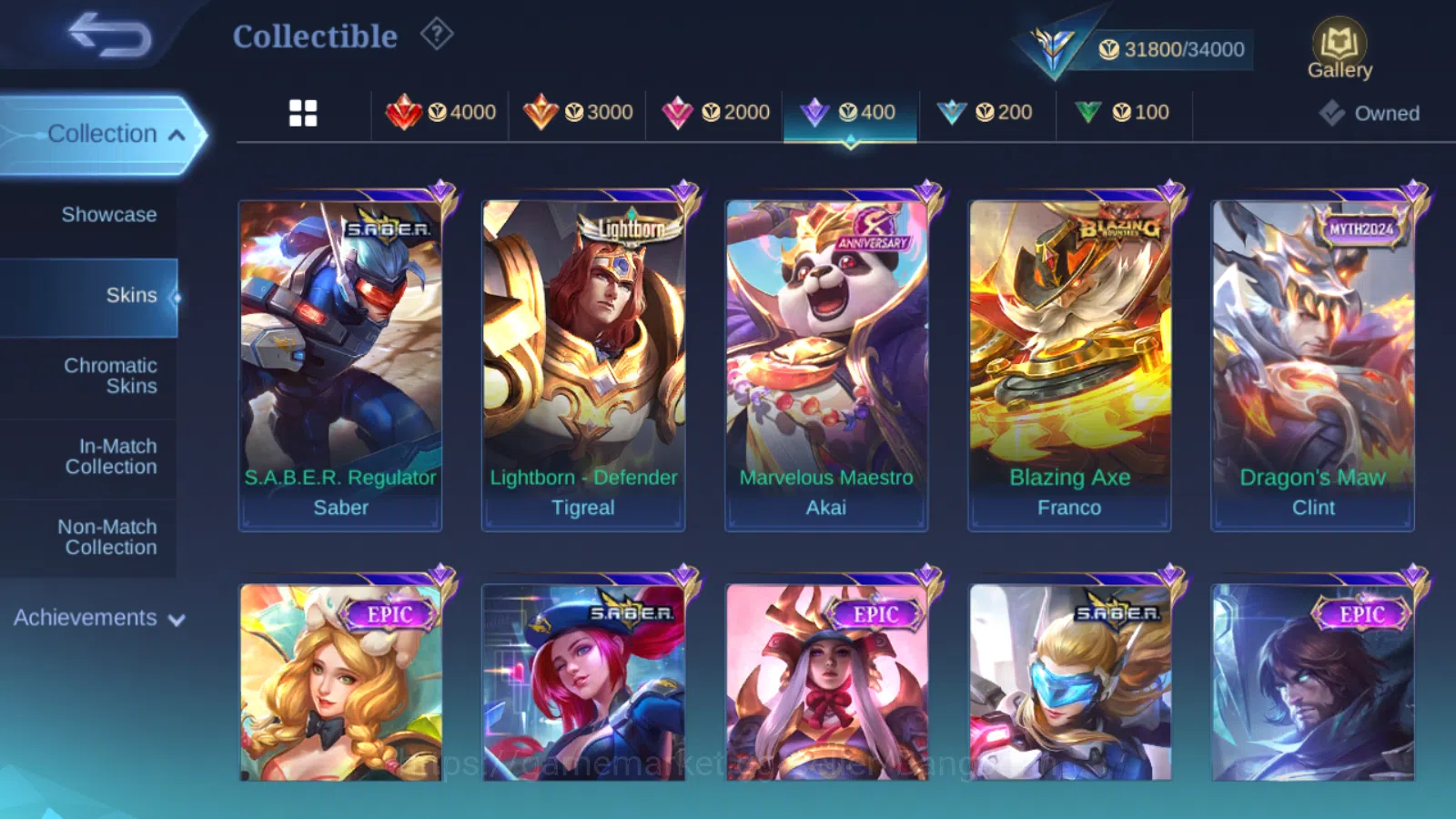 Mobile Legends: Bang Bang Accounts Others kof karina | cc natalia | lightborn tigreal | lightborn granger | blazing franco 8