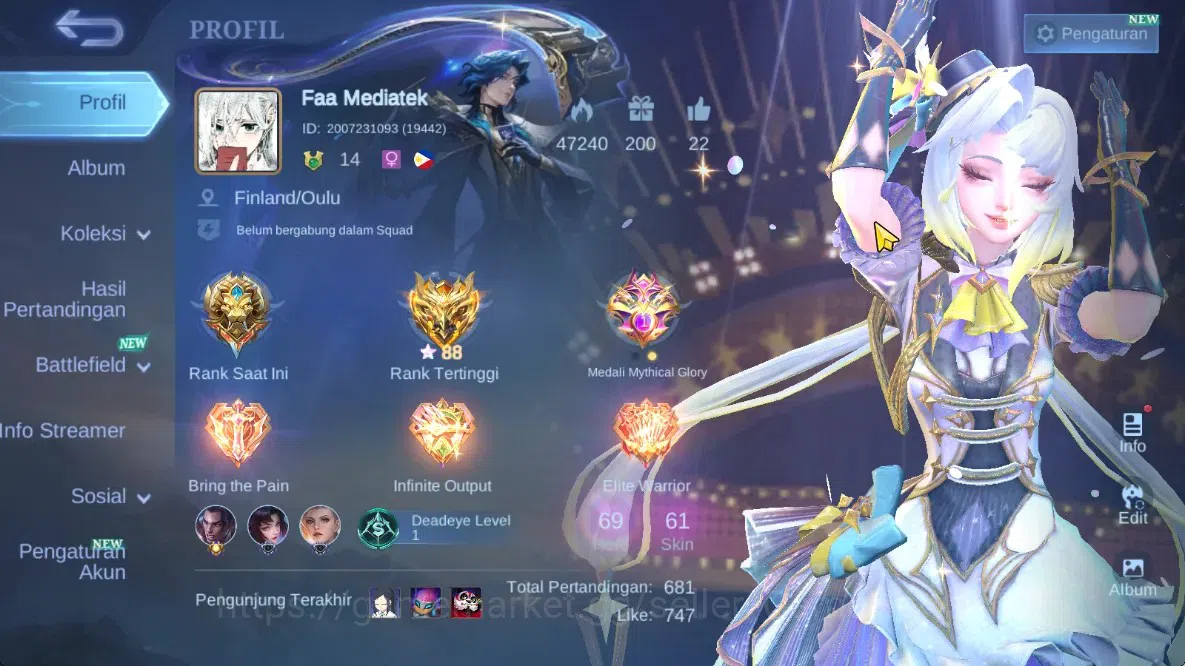 Mobile Legends: Bang Bang Accounts Hero 69|Skin 61|High Glory 88|Karina KOF,Gatot Epi image 1
