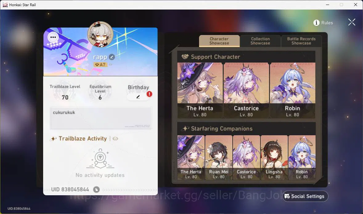 Honkai Star Rail Accounts Others ASIA|TL 70|13 Limit|Castorice E1,Sparkle E1,RuanMei 18