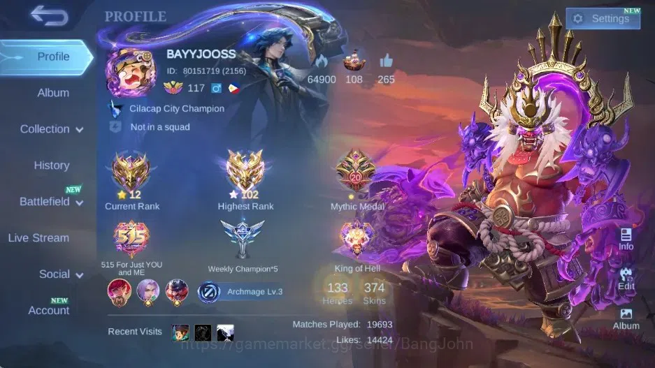 Mobile Legends: Bang Bang Accounts Collector Global|Skin 374|Exalted IV|Legend Franco,KOF Karina+Dyrroth,JJK Yin,LBox 1