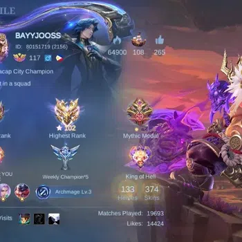 Mobile Legends: Bang Bang Accounts Collector Global|Skin 374|Exalted IV|Legend Franco,KOF Karina+Dyrroth,JJK Yin,LBox
