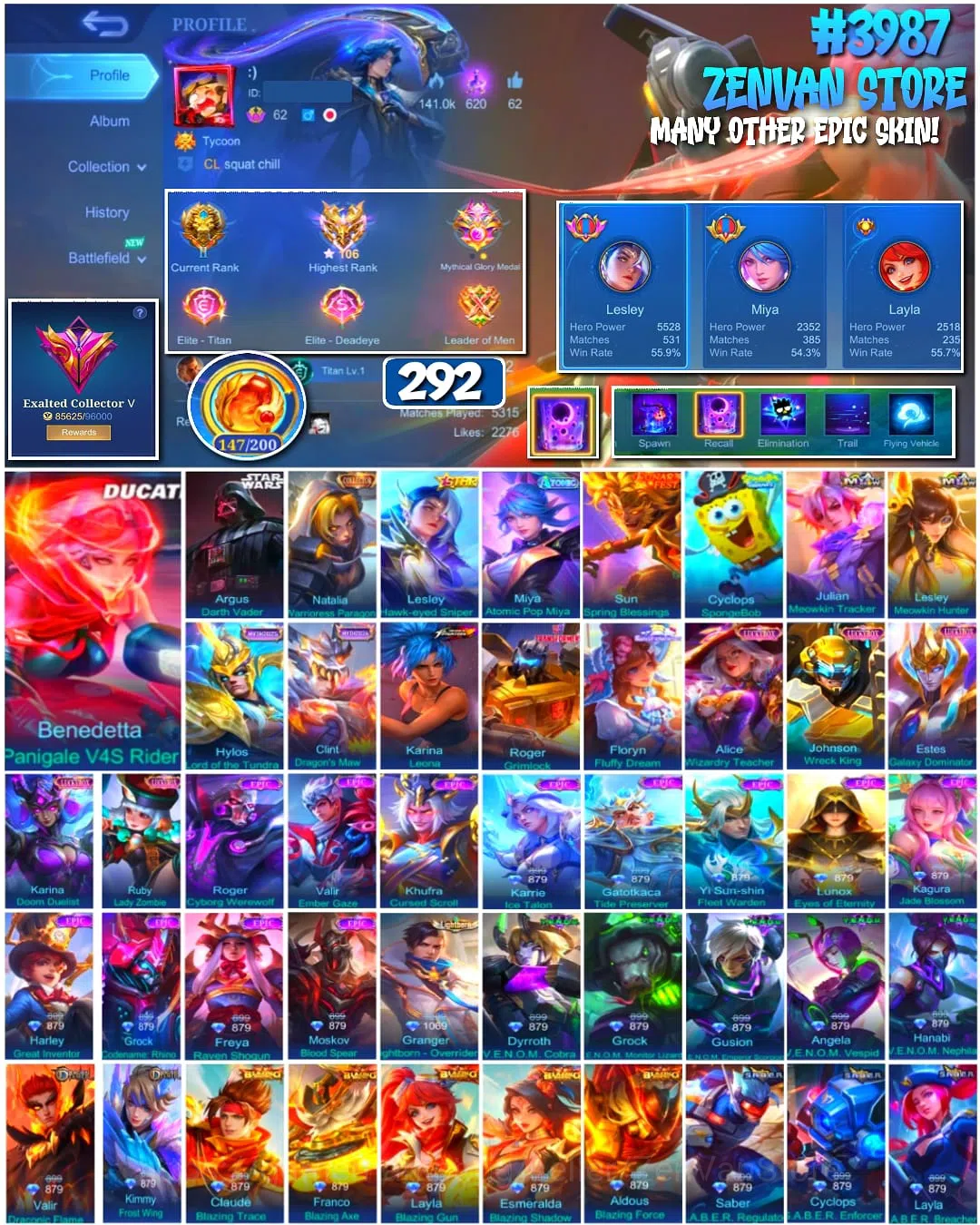 Mobile Legends: Bang Bang Accounts 🔥 #3987 🔥 292 Skins 💎 Exalted Collector V 👑 Ducati Skin ⚔️ Star Wars Argus Darth 1