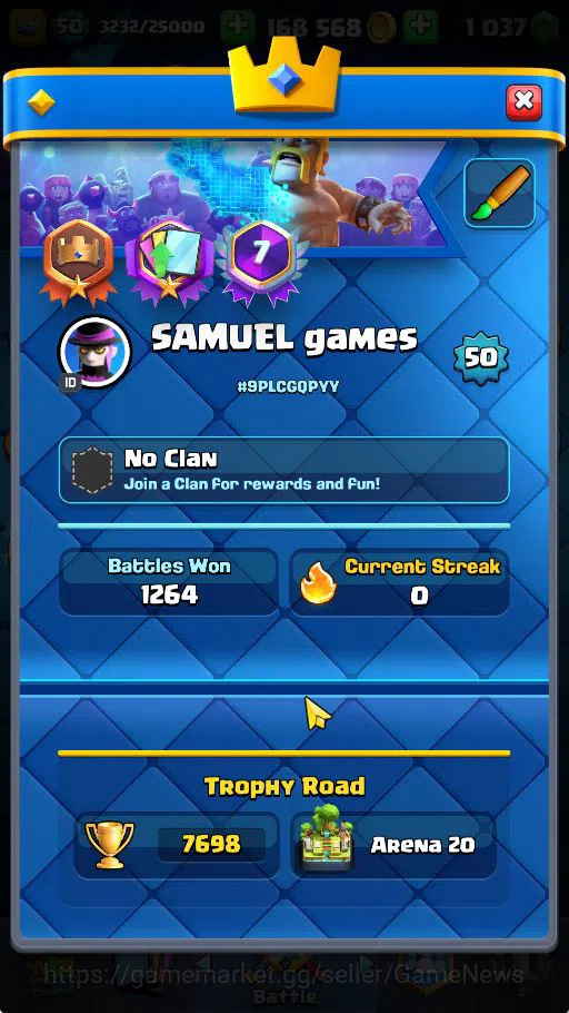 Clash Royale Accounts Midgame Lvl 50|Trophy 7698|KTL 14|Limited Skin|Card 118|8 EVO 7 Champ 20 Legendary 32 Epic 30 Rare 29 3