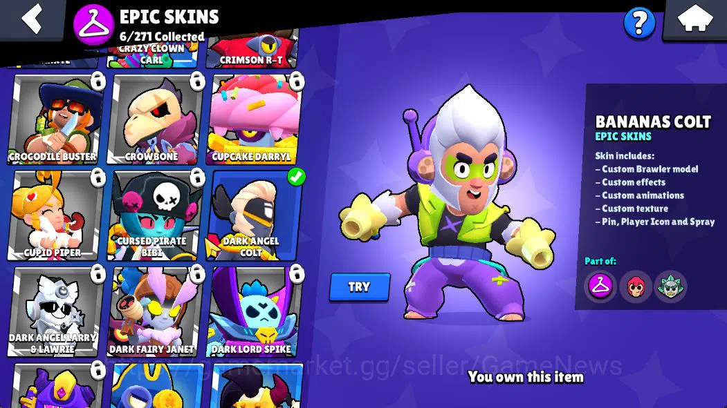 Brawl Stars Accounts 1755 Trophy|24 Brawler 2 Max: Hank,Maisie Myth: Tara|6 Epic Skin [Dark A Colt,Malicious Mandy,Tengu 10