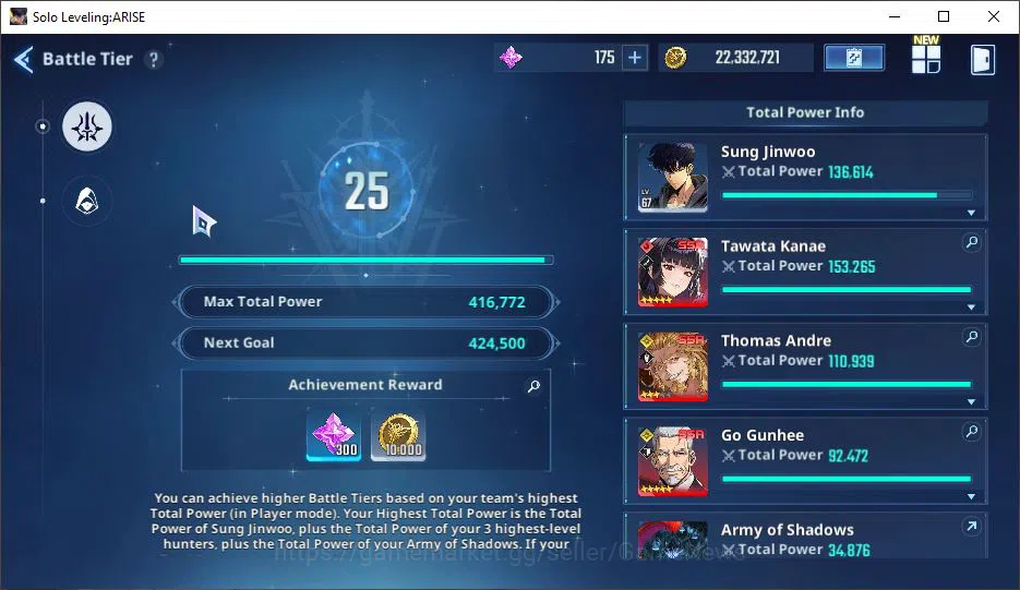 Solo Leveling: ARISE Accounts Total Power 416K|11SSR| TawataA5+signA4, ThomasA3+sign, GunheeA5+sign, ByungGuA5+sign 4