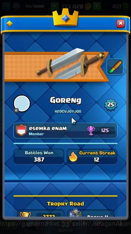 Clash Royale Accounts Midgame Lvl 25|Trophy 3772|KTL 9|Limited Skin|Card 64|2 Evo,1 Legend,15 Epic,22 Rare,26 Common|Take 3