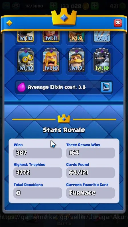 Clash Royale Accounts Midgame Lvl 25|Trophy 3772|KTL 9|Limited Skin|Card 64|2 Evo,1 Legend,15 Epic,22 Rare,26 Common|Take 4