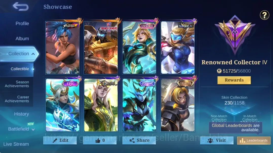 Mobile Legends: Bang Bang Accounts Collector Global|138H 230S|Renowned|KOF Karina|Transformer Roger|Luckybox 1