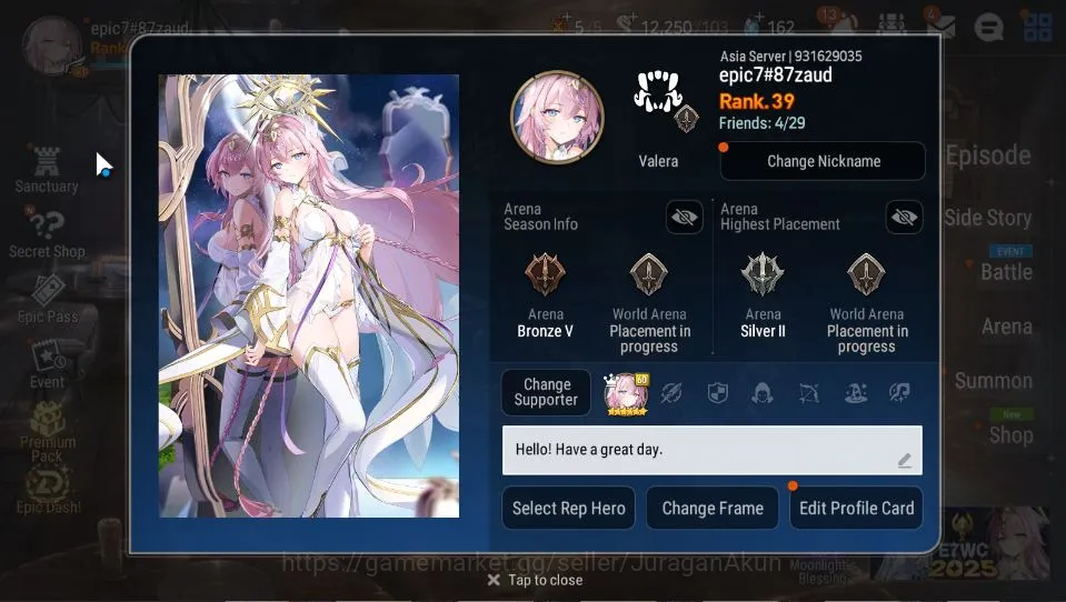 Epic Seven Accounts Mid-Tier Asia Unverif|5ML(SECeline,CPavel,WOTMTenebria,BWIseria,CCharles)+Ilynav,Robin|162
