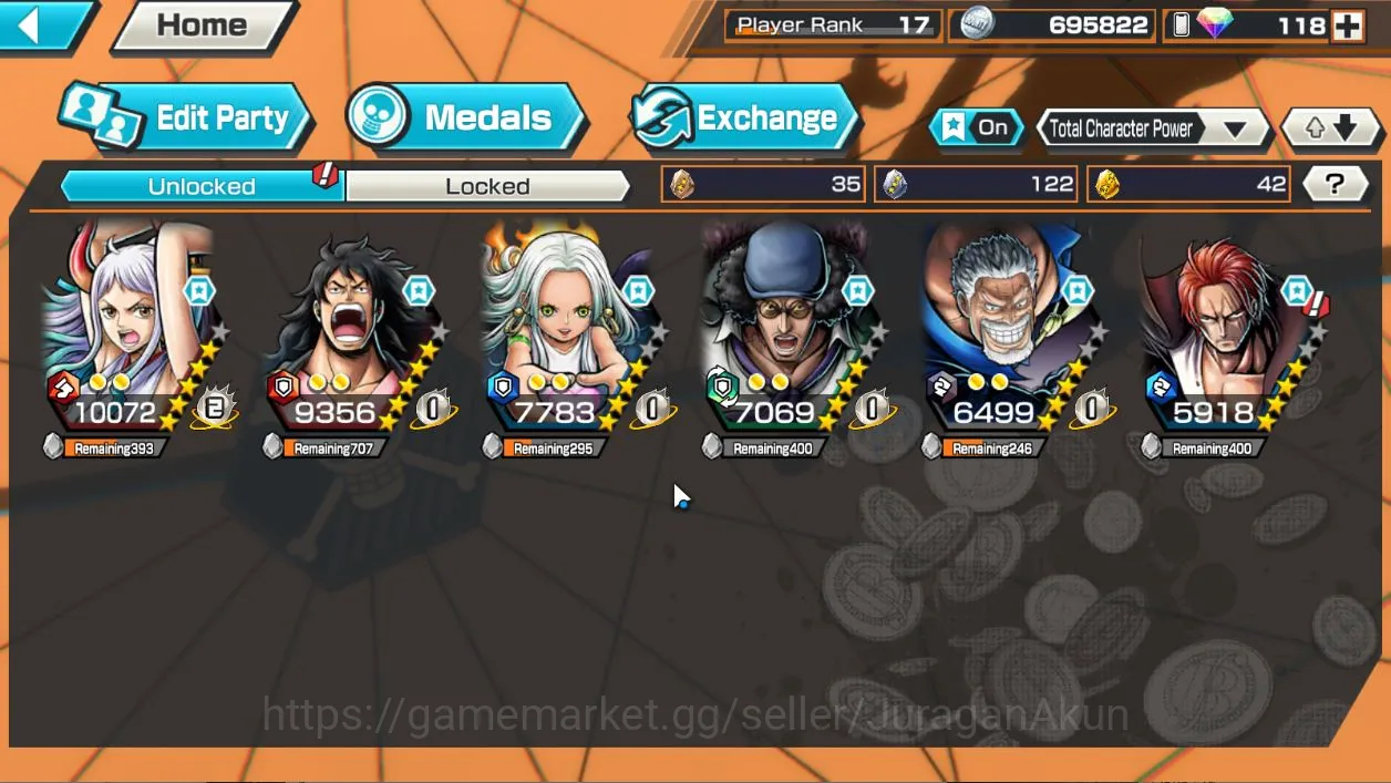 One Piece Bounty Rush Accounts Mid-Tier Meta [S-Snake Lv 65, Kuzan Lv 60,Hero Grap Lv 67, Animal Kaido,Katakuri, Blueno 2