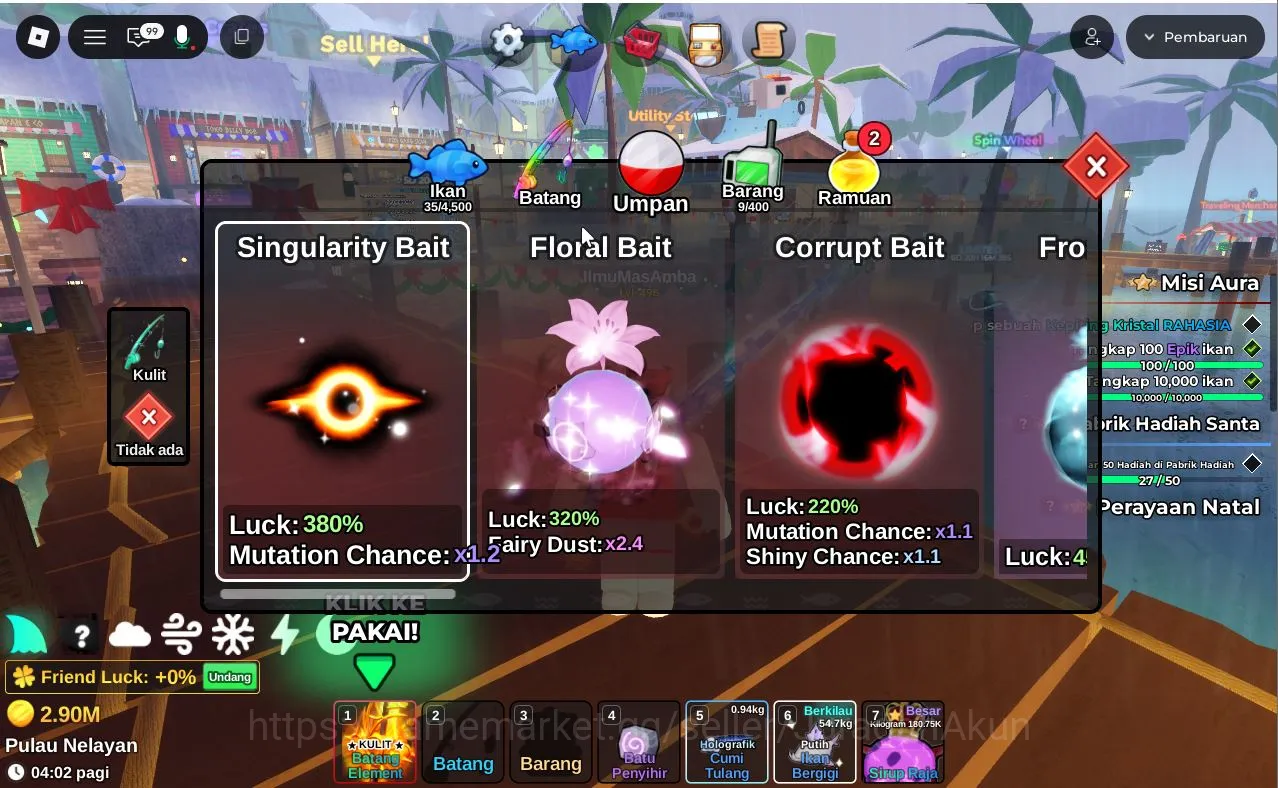 Roblox Accounts Lv 495 Fish It [Rod(Element,Ghostfin+Prism,Angler,Ares)]3 secret fish (Grand Maja,Etc),Singularity 4