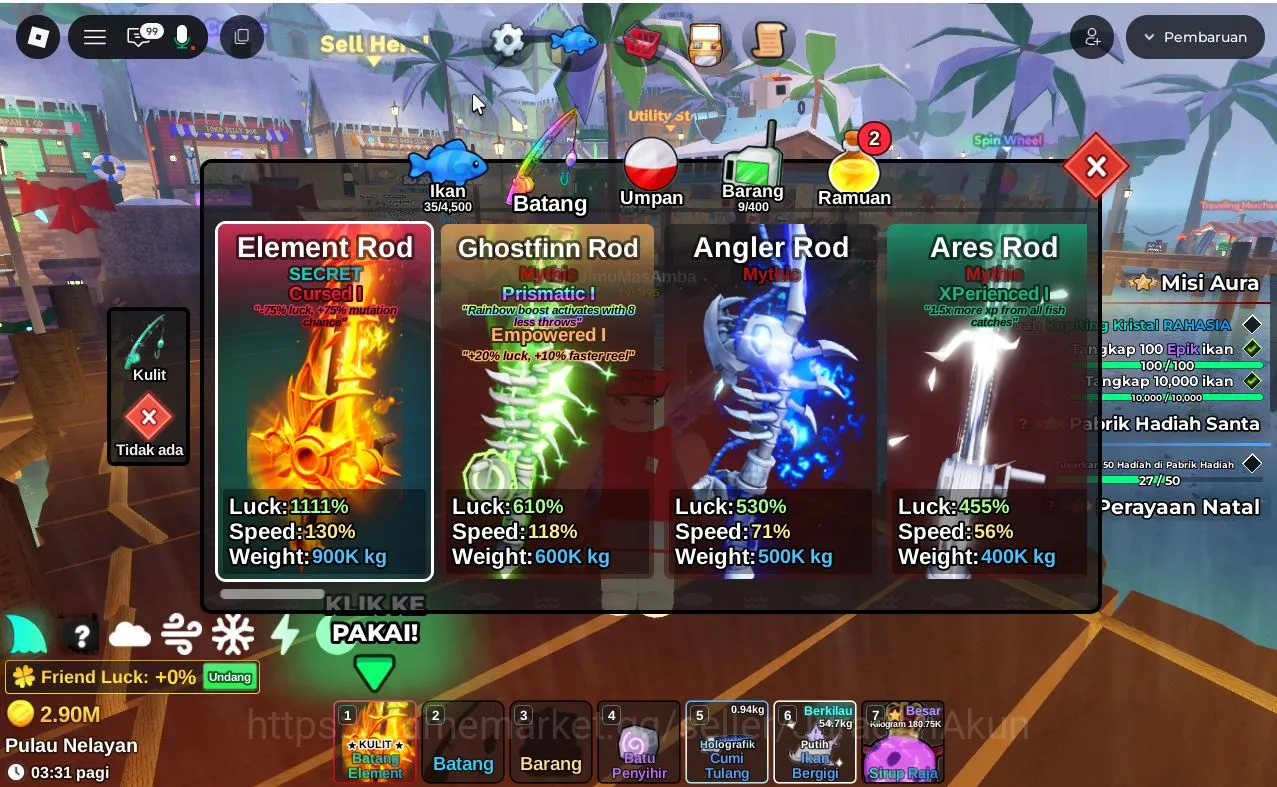 Roblox Accounts Lv 495 Fish It [Rod(Element,Ghostfin+Prism,Angler,Ares)]3 secret fish (Grand Maja,Etc),Singularity 5
