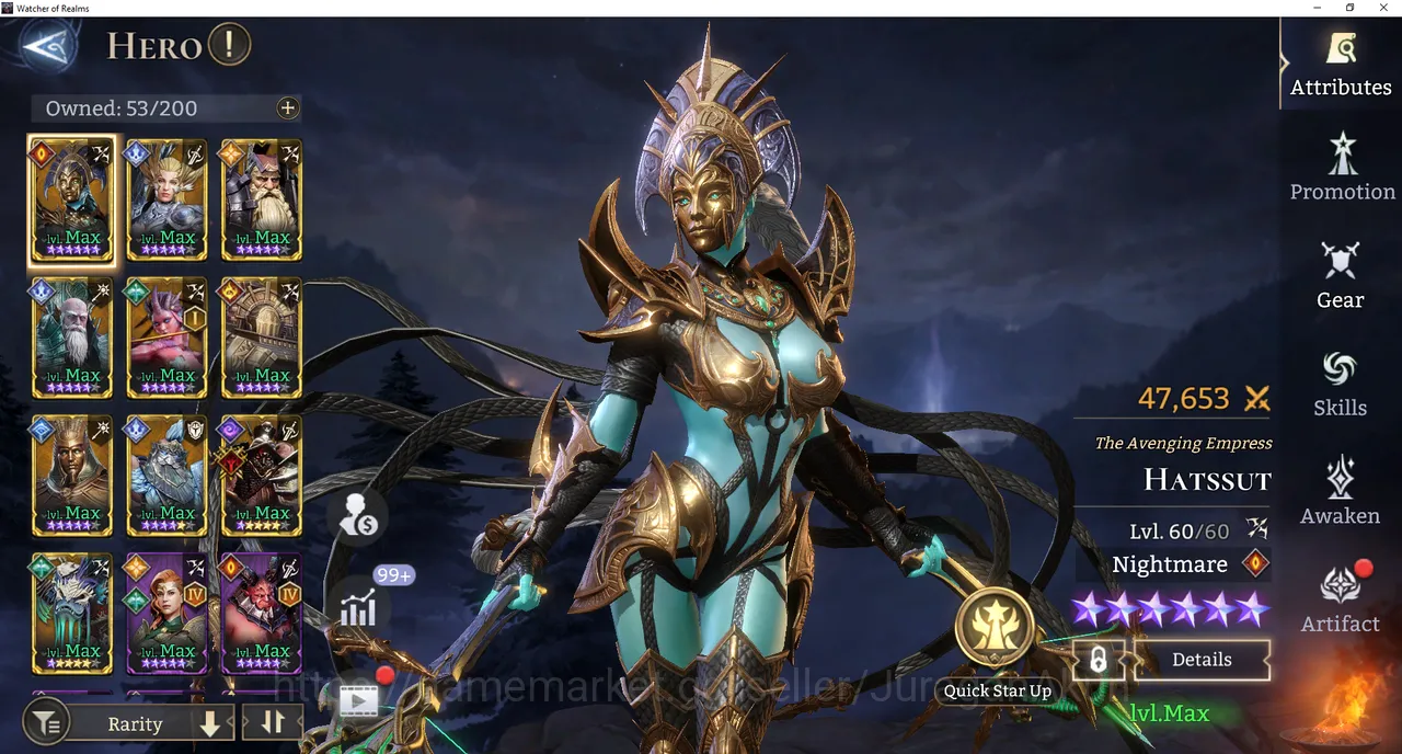 Global 500xx | 785k Power| 10 Legendary(Hatssut, Valkyra, Crach, Shamir etc) + 40 Epic Max Level| Check SS (WOR701) Watcher of Realms End-Game Global 500xx | 785k Power| 10 Legendary(Hatssut, V image 1