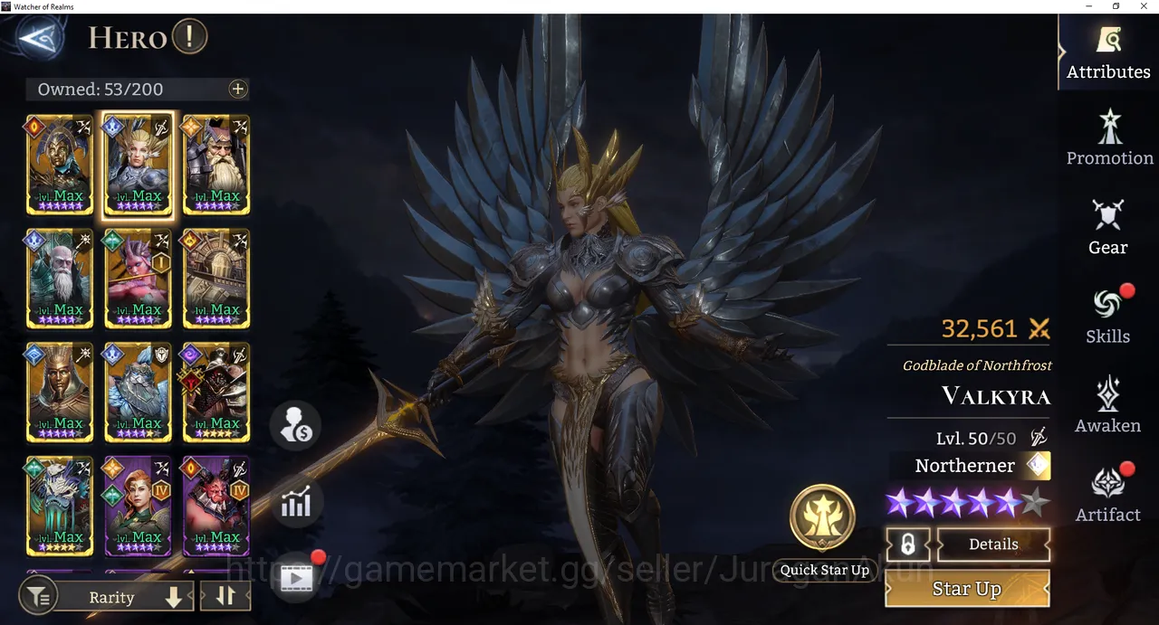 Watcher of Realms Accounts End-Game Global 500xx | 785k Power| 10 Legendary(Hatssut, Valkyra, Crach, Shamir etc) + 40 Epic 2