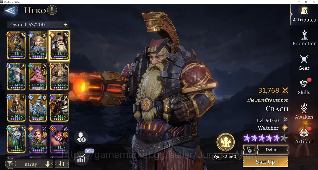 Watcher of Realms Accounts End-Game Global 500xx | 785k Power| 10 Legendary(Hatssut, Valkyra, Crach, Shamir etc) + 40 Epic 3