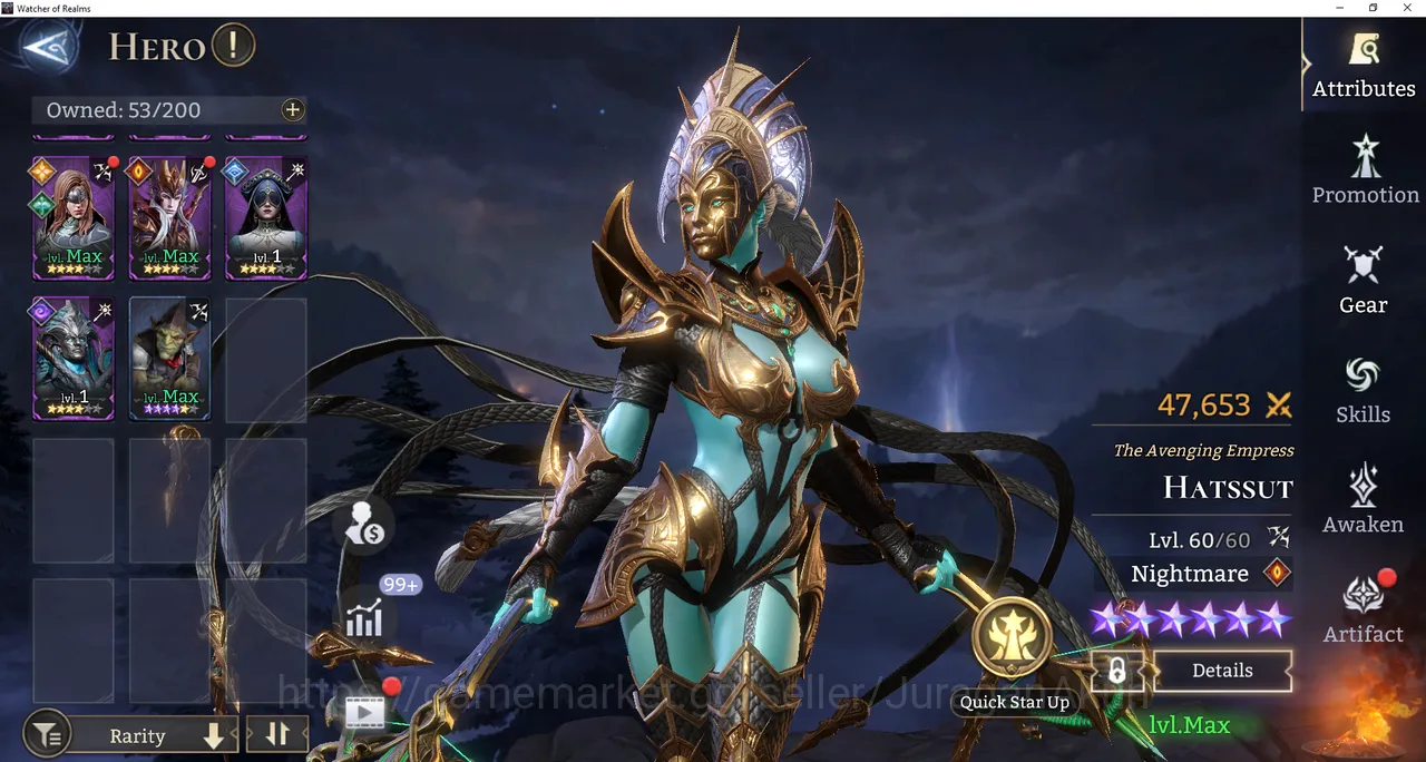 Watcher of Realms Accounts End-Game Global 500xx | 785k Power| 10 Legendary(Hatssut, Valkyra, Crach, Shamir etc) + 40 Epic 8