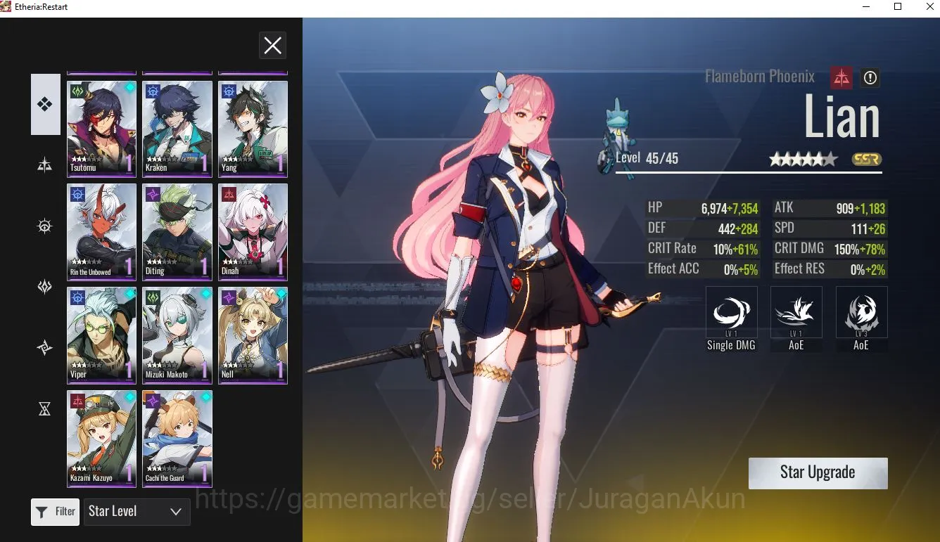 Etheria: Restart Accounts Mid‑Tier Global-S12|7 SSR(Lian,Lily,Rilmocha,Batsby,Fiqui,Khloros,Mia) 20 SR Animus |Female MC|Log 6