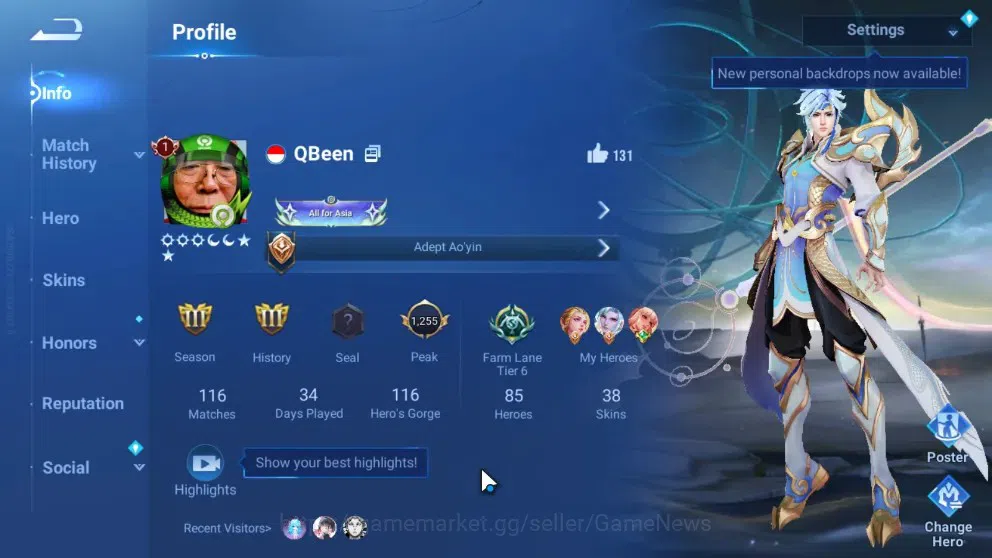 Honor of Kings Accounts Rare Skin Hero 85 Skin 38|2Legend(Zilong,Wukong)GM(Gan & Mo)3Worldly(Angela,Liu Bei,Yang 2