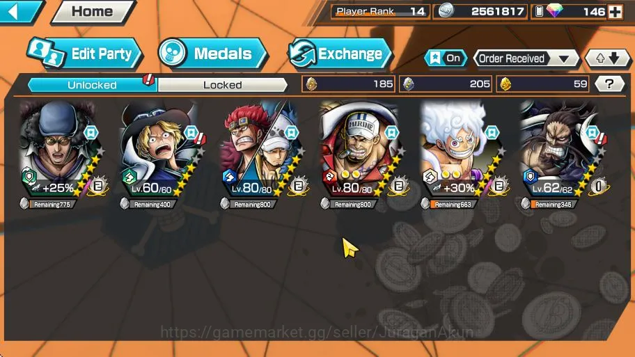 One Piece Bounty Rush Accounts Mid-Tier Global|6 META EX[Four Emperor Luffy,Sakazuki,Strongest Kaido,Kid and 3
