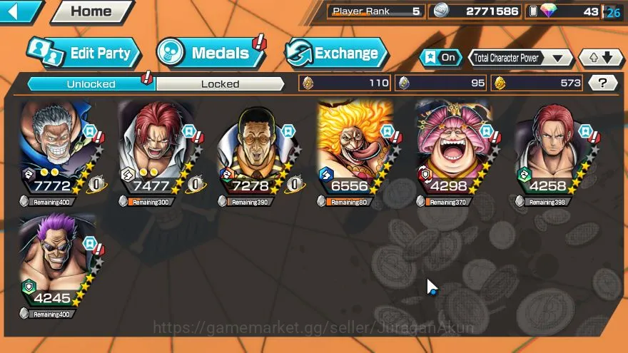 One Piece Bounty Rush Accounts Mid-Tier Global| 7 META EX|Divine Depart Shanks,FR Shanks,Hero D Garp,Sword Kizaru Etc|Rank 2