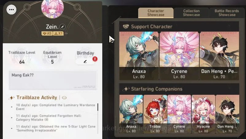 Honkai Star Rail Accounts Mid Game Asia|TL 64| 9 Limited | Cyrene+Sign,Saber+Sign,Tribbie,Anaxa,Hyacine,Etc] | MC Male 2