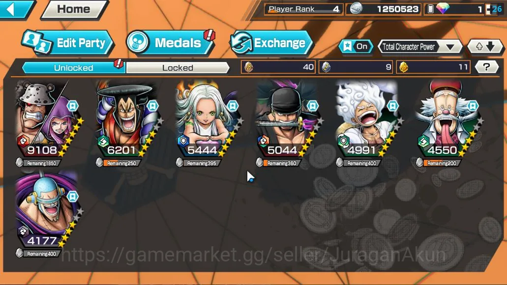One Piece Bounty Rush Accounts Mid-Tier Global| 4 META EX | Daimyo Oden, Seraphim S-Snake, Onigashi Zoro, Gear Five MD Luffy 4