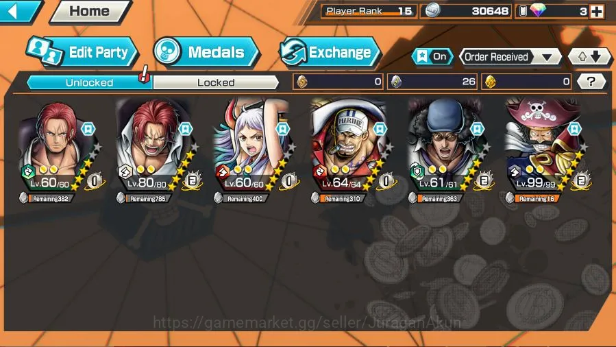 One Piece Bounty Rush Accounts Mid-Tier Global|6 META EX[Shanks FR,Shanks,Yamato,Sakazuki,Kuzan,Roger]Rank 15|Log 2