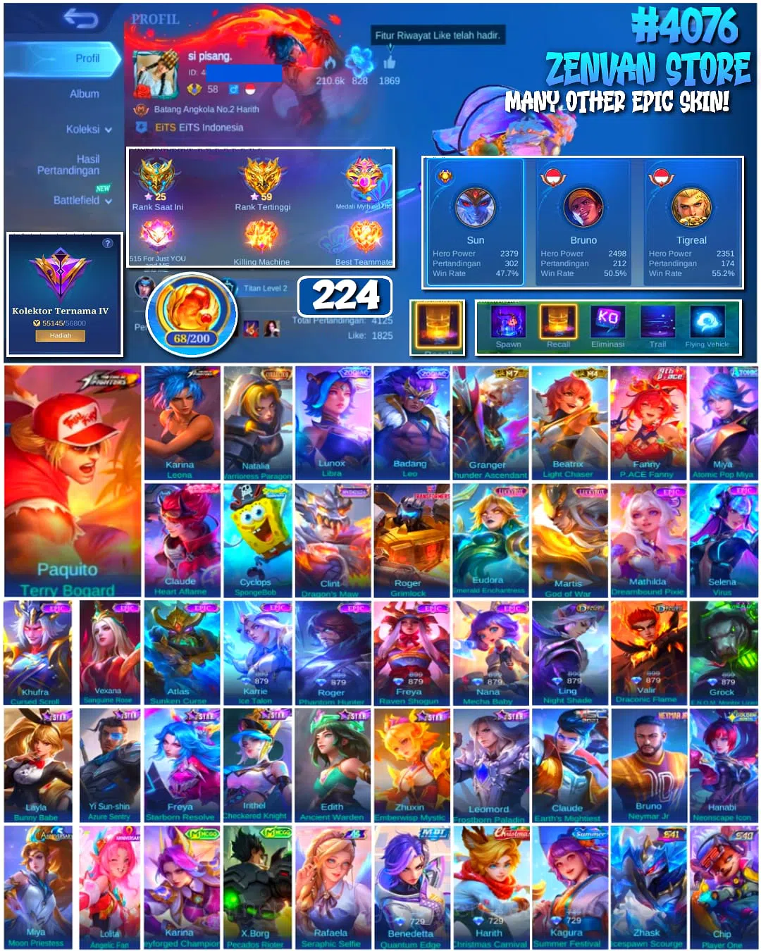 Mobile Legends: Bang Bang Accounts ๐ฅ #4076 ๐ฅ ๐ 224 Skins ๐ KOF Paquito Terry Bogard โ๏ธ Collector Natalia Warrioress 1